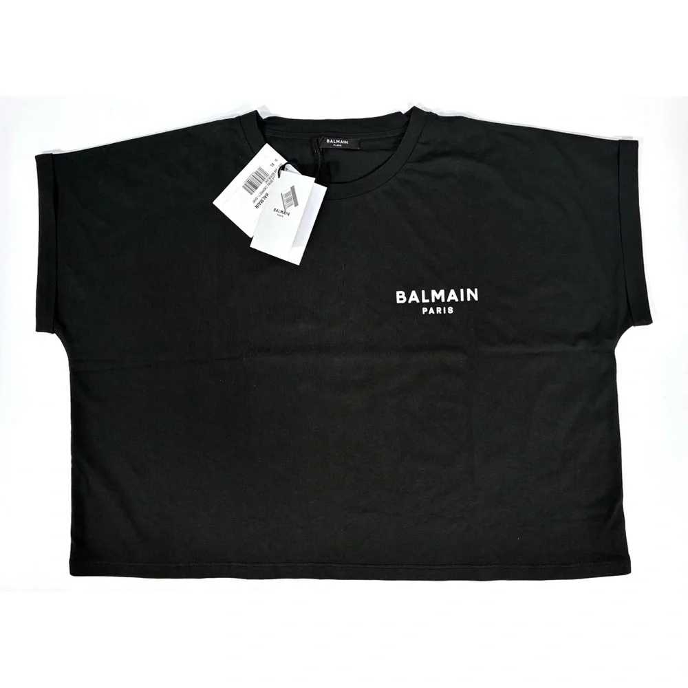 Balmain Cropped Eco-Designed Cotton T-Shirt Tee Flocked Logo Black XL NWT - Picture 7 of 14